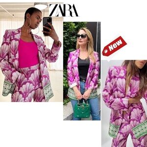 Zara fuchsia purple green printed satin open front long sleeve lapel blazer S